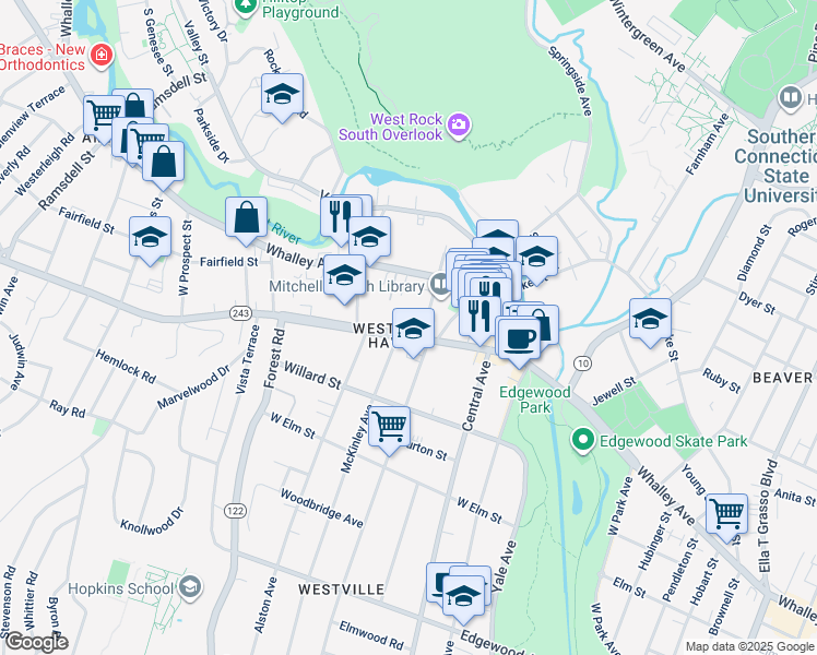 map of restaurants, bars, coffee shops, grocery stores, and more near 115 Connecticut 243 in New Haven