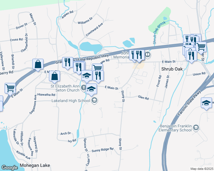 map of restaurants, bars, coffee shops, grocery stores, and more near 1321 East Main Street in Shrub Oak