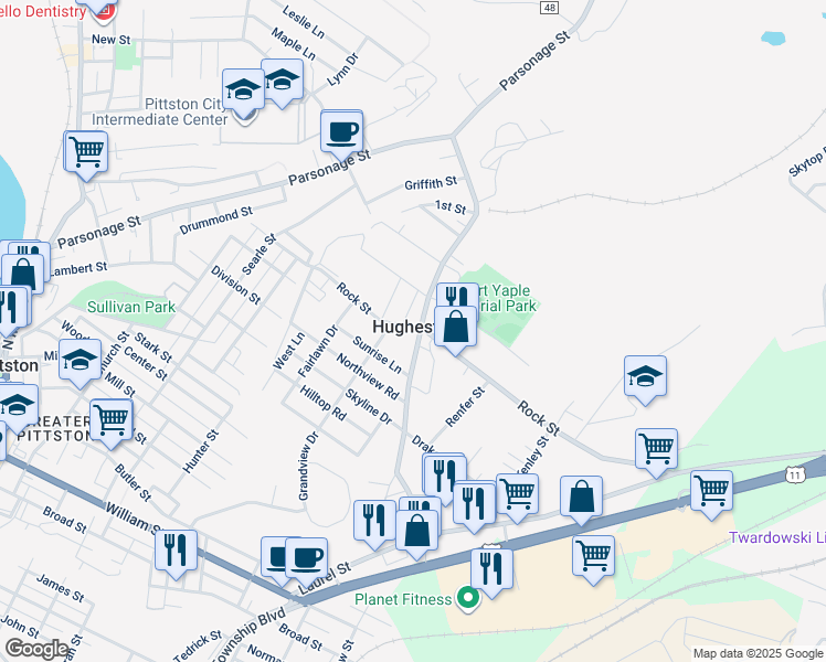 map of restaurants, bars, coffee shops, grocery stores, and more near 91 Center Saint Exd in Hughestown