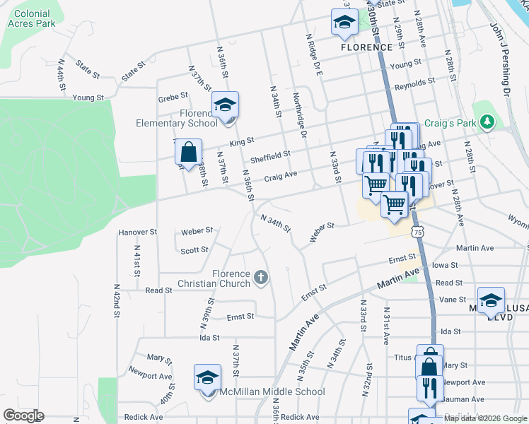 map of restaurants, bars, coffee shops, grocery stores, and more near 7528 North 34th Street in Omaha