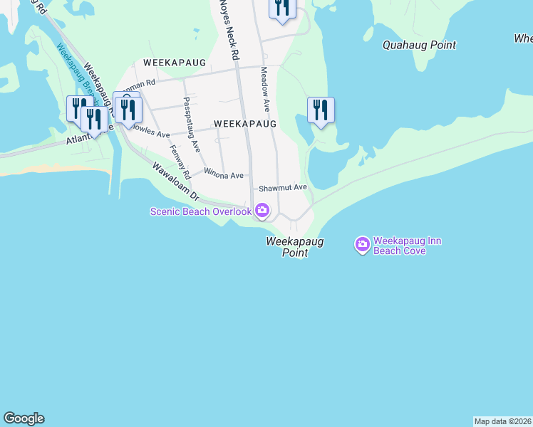 map of restaurants, bars, coffee shops, grocery stores, and more near 4 Spray Rock Road in Westerly
