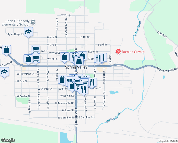 map of restaurants, bars, coffee shops, grocery stores, and more near 212 East Cleveland Street in Spring Valley