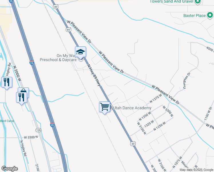 map of restaurants, bars, coffee shops, grocery stores, and more near 1621 West 3125 North in Pleasant View