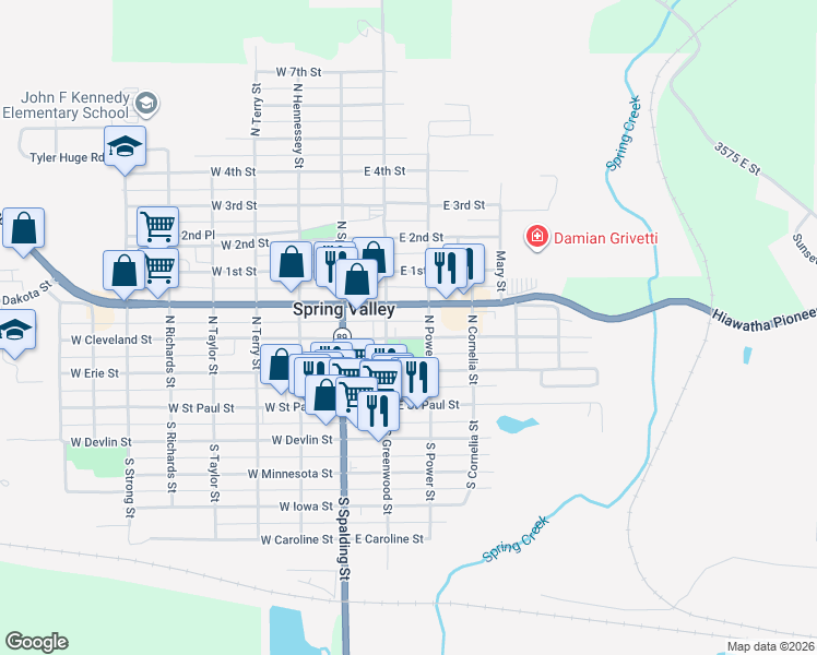 map of restaurants, bars, coffee shops, grocery stores, and more near 212 East Cleveland Street in Spring Valley
