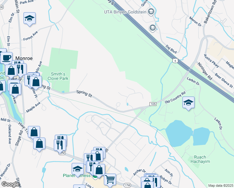 map of restaurants, bars, coffee shops, grocery stores, and more near 18 Miller Lane in Monroe