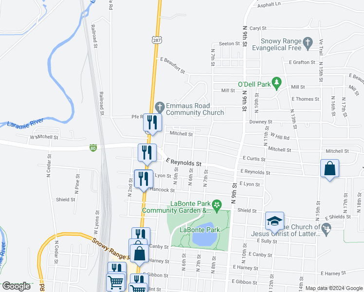 map of restaurants, bars, coffee shops, grocery stores, and more near 1575 North 4th Street in Laramie