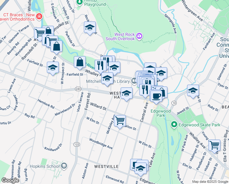 map of restaurants, bars, coffee shops, grocery stores, and more near 154 Fountain Street in New Haven