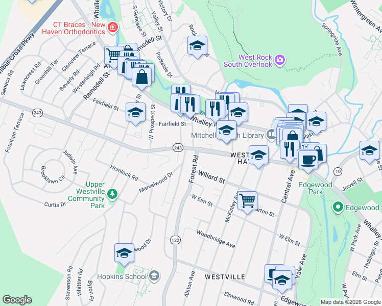 map of restaurants, bars, coffee shops, grocery stores, and more near 143 Vista Terrace in New Haven