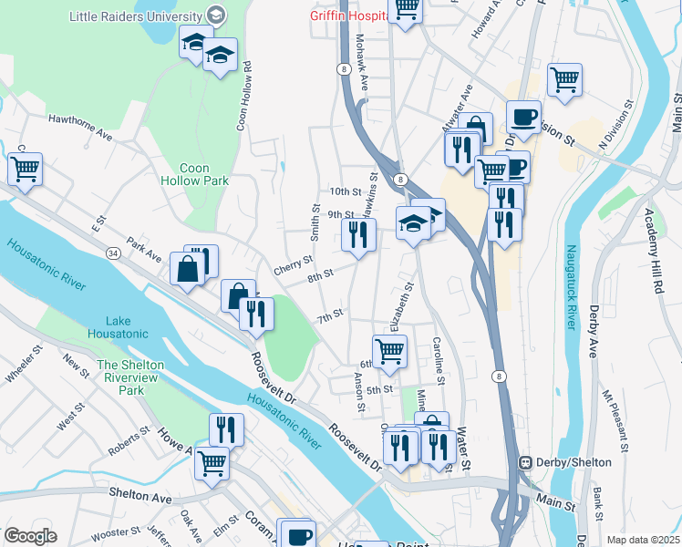 map of restaurants, bars, coffee shops, grocery stores, and more near 108 Hawkins Street in Derby