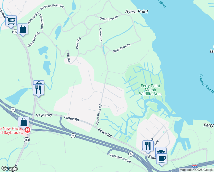 map of restaurants, bars, coffee shops, grocery stores, and more near 70 Ayers Point Road in Old Saybrook