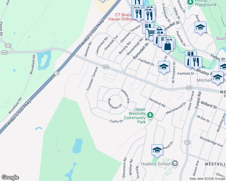 map of restaurants, bars, coffee shops, grocery stores, and more near 142 Brooklawn Circle in New Haven