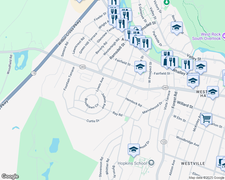 map of restaurants, bars, coffee shops, grocery stores, and more near 506 Fountain Street in New Haven