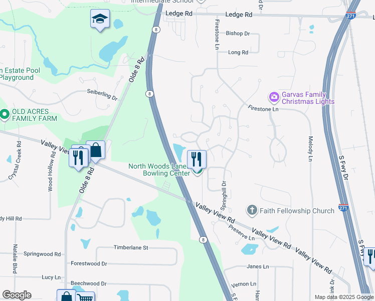 map of restaurants, bars, coffee shops, grocery stores, and more near 263 Finchfield Circle in Macedonia