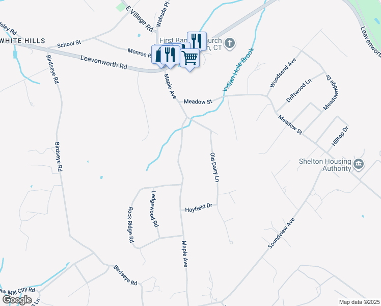 map of restaurants, bars, coffee shops, grocery stores, and more near 85 Maple Avenue in Shelton