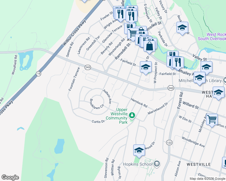 map of restaurants, bars, coffee shops, grocery stores, and more near 1 Colby Court in New Haven