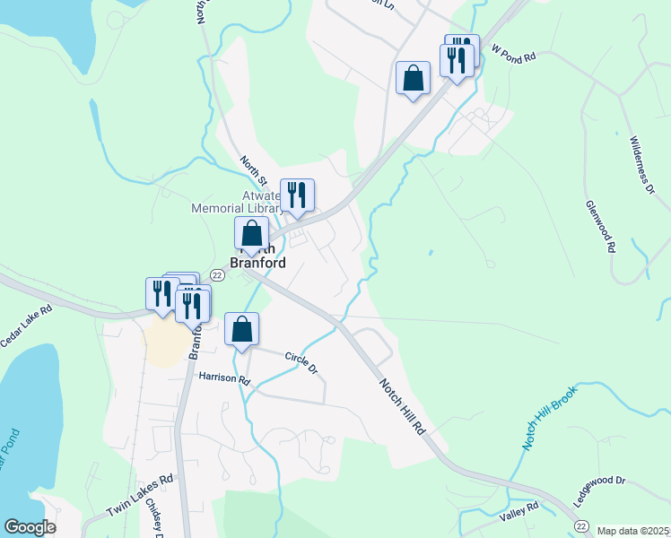 map of restaurants, bars, coffee shops, grocery stores, and more near 303 Notch Hill Road in North Branford