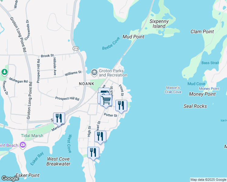 map of restaurants, bars, coffee shops, grocery stores, and more near 28 Church Street in Groton