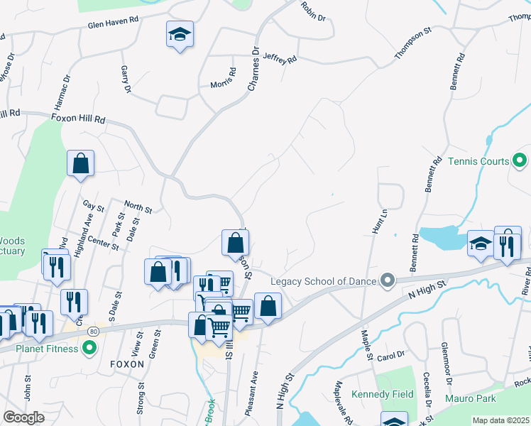 map of restaurants, bars, coffee shops, grocery stores, and more near 143 Thompson Street in East Haven