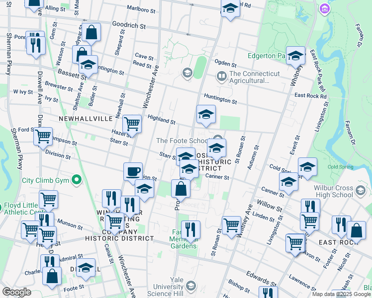 map of restaurants, bars, coffee shops, grocery stores, and more near 517 Prospect Street in New Haven