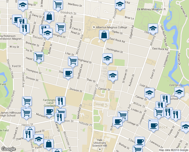 map of restaurants, bars, coffee shops, grocery stores, and more near 517 Prospect Street in New Haven