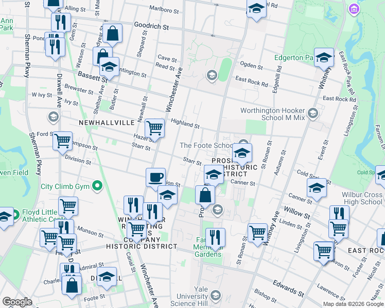 map of restaurants, bars, coffee shops, grocery stores, and more near 490 Prospect Street in New Haven