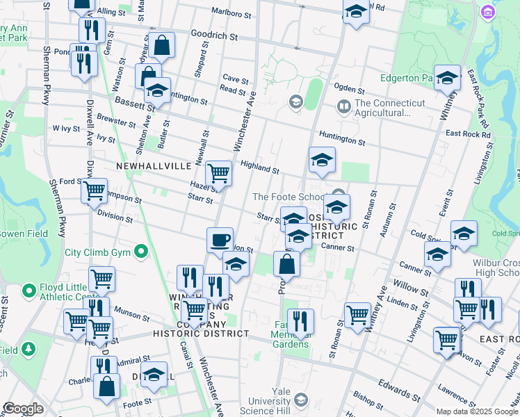 map of restaurants, bars, coffee shops, grocery stores, and more near 48 Starr Street in New Haven