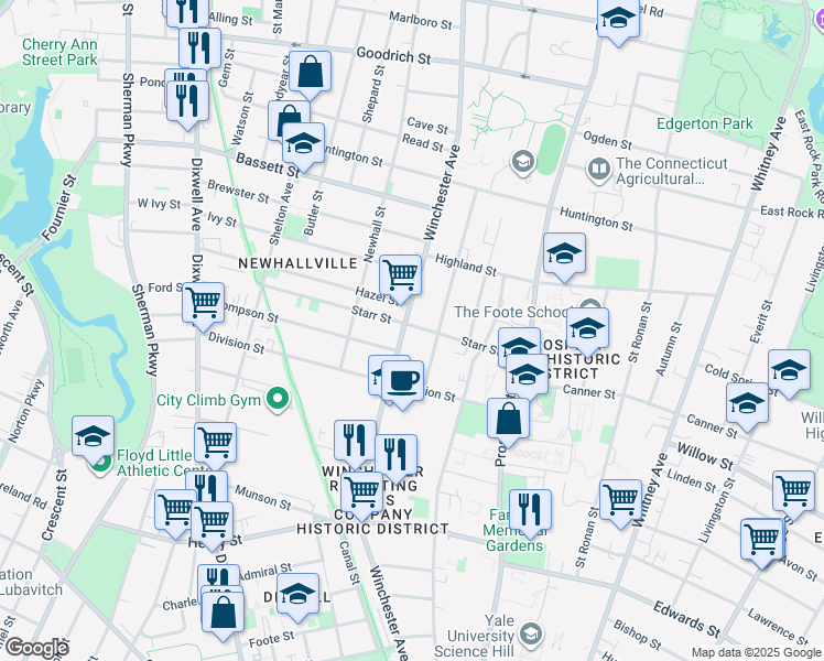 map of restaurants, bars, coffee shops, grocery stores, and more near 527 Winchester Avenue in New Haven