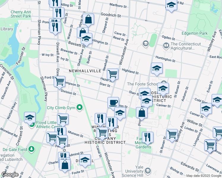 map of restaurants, bars, coffee shops, grocery stores, and more near 527 Winchester Avenue in New Haven