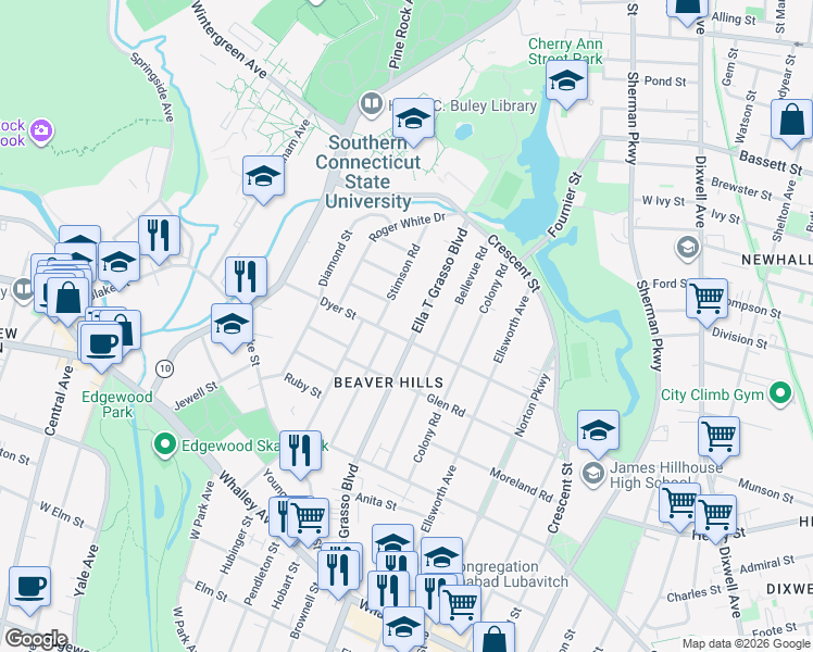 map of restaurants, bars, coffee shops, grocery stores, and more near 1745 Ella T Grasso Boulevard in New Haven