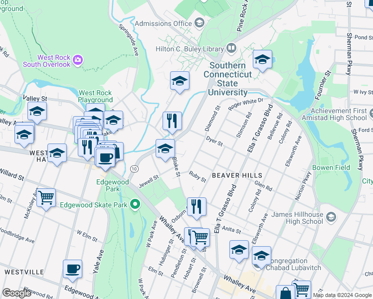 map of restaurants, bars, coffee shops, grocery stores, and more near 253 Blake Street in New Haven