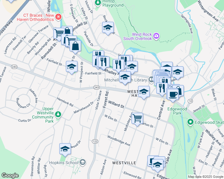 map of restaurants, bars, coffee shops, grocery stores, and more near 234 Fountain Street in New Haven