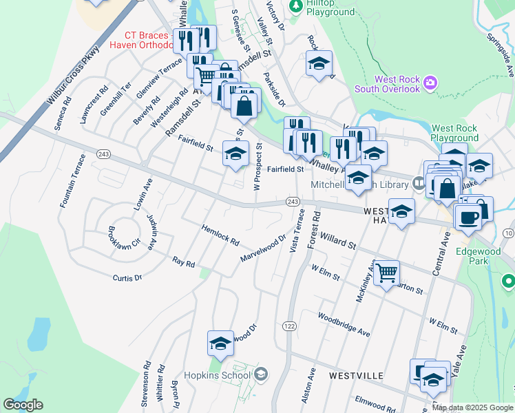 map of restaurants, bars, coffee shops, grocery stores, and more near 105 Gilnock Drive in New Haven