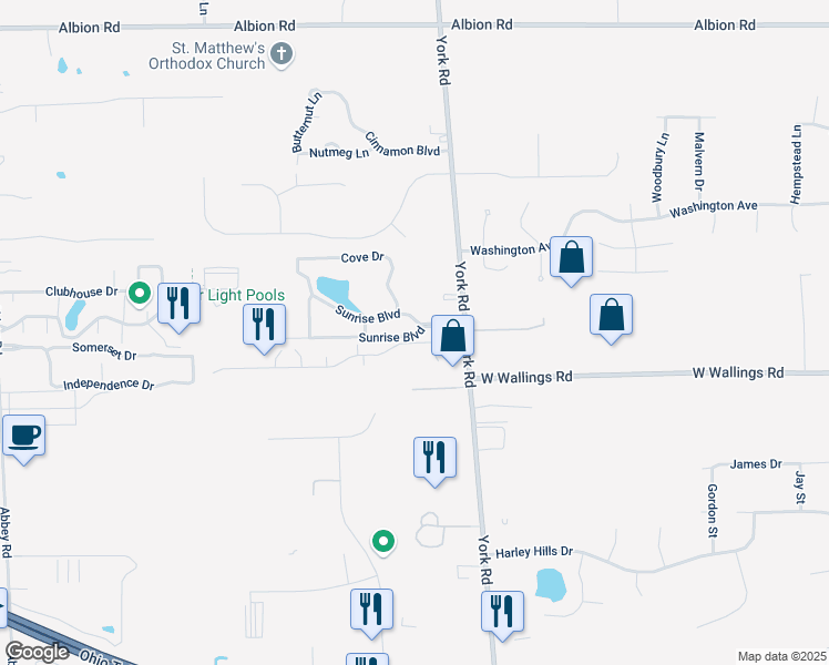 map of restaurants, bars, coffee shops, grocery stores, and more near 10055 Independence Drive in North Royalton