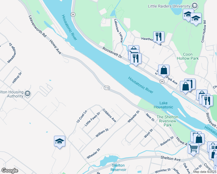 map of restaurants, bars, coffee shops, grocery stores, and more near 939 Howe Avenue in Shelton