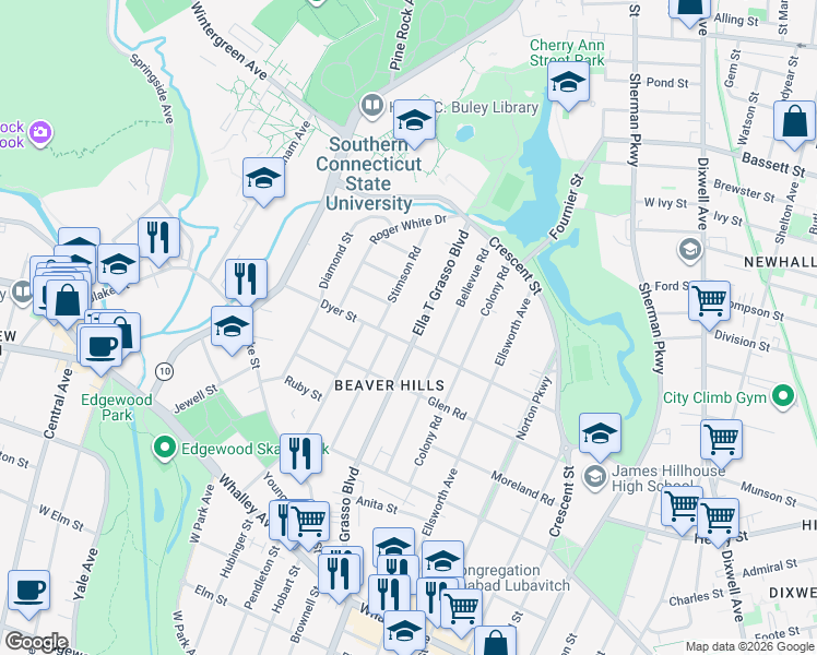 map of restaurants, bars, coffee shops, grocery stores, and more near 1745 Ella T Grasso Boulevard in New Haven