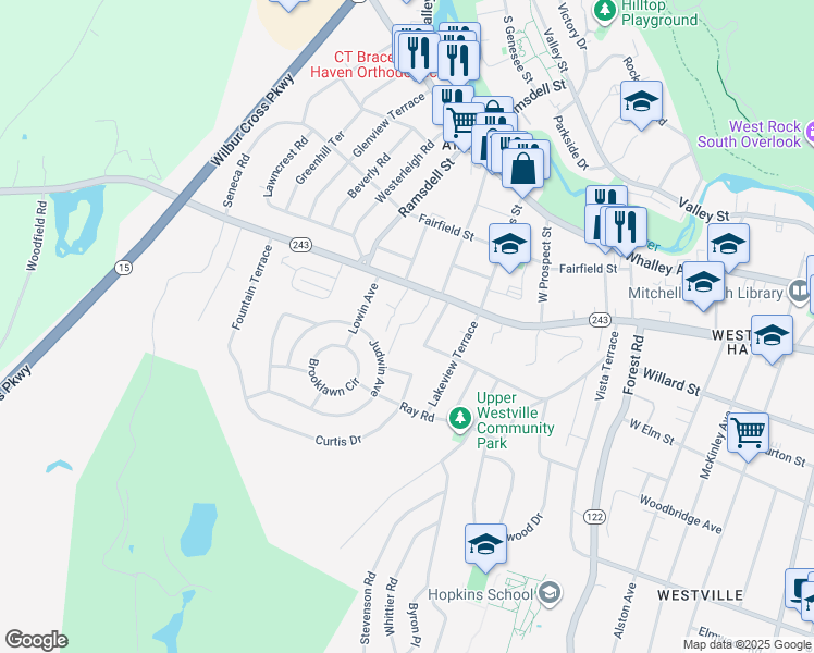 map of restaurants, bars, coffee shops, grocery stores, and more near 492 Fountain Street in New Haven