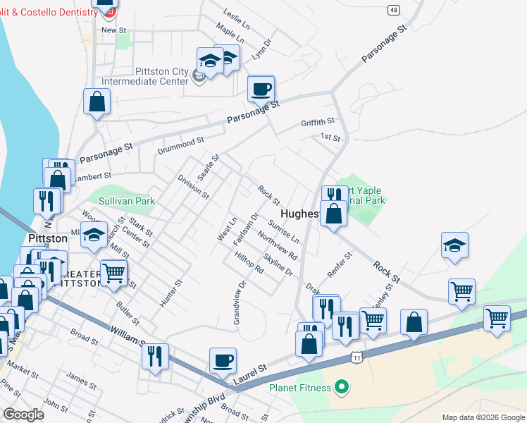map of restaurants, bars, coffee shops, grocery stores, and more near 23 Sunrise Ln in Hughestown