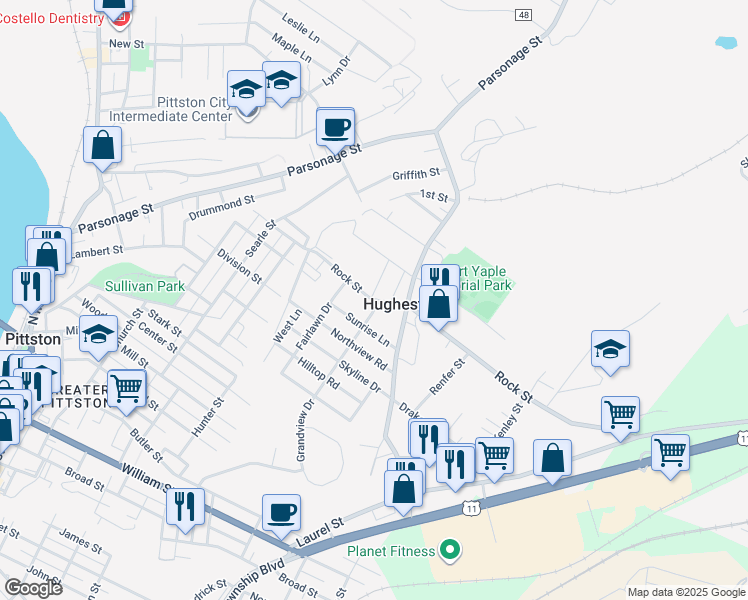 map of restaurants, bars, coffee shops, grocery stores, and more near 91 Center Saint Exd in Hughestown
