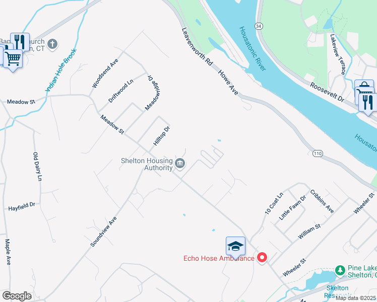 map of restaurants, bars, coffee shops, grocery stores, and more near 20 Scenic Hill Road in Shelton