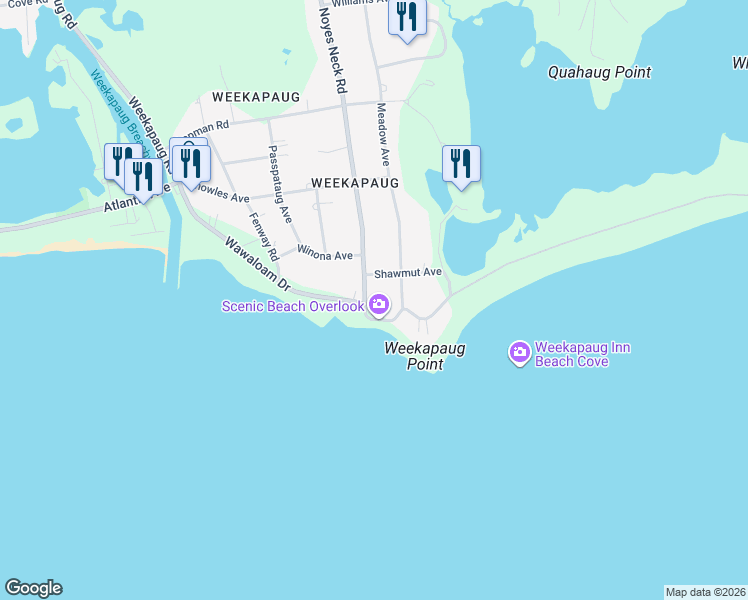 map of restaurants, bars, coffee shops, grocery stores, and more near 4-2 Spray Rock Road in Westerly