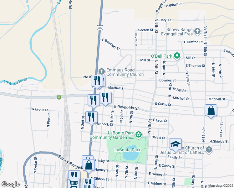 map of restaurants, bars, coffee shops, grocery stores, and more near 1575 North 4th Street in Laramie