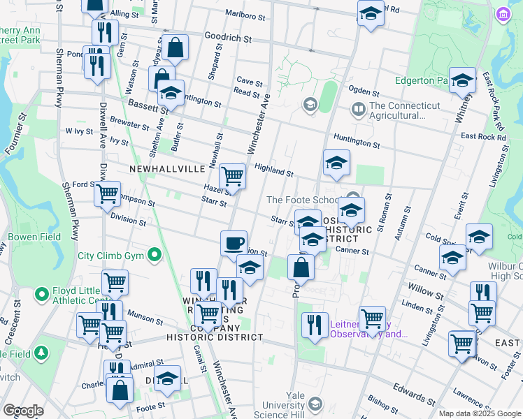 map of restaurants, bars, coffee shops, grocery stores, and more near 69 Sheffield Avenue in New Haven