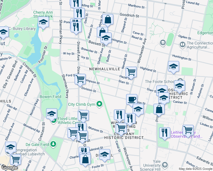 map of restaurants, bars, coffee shops, grocery stores, and more near 207 Division Street in New Haven