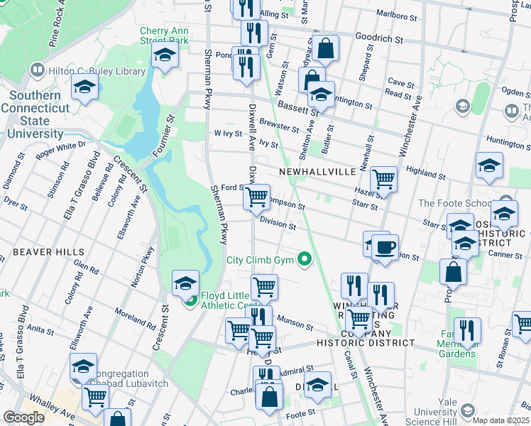 map of restaurants, bars, coffee shops, grocery stores, and more near 487 Dixwell Avenue in New Haven