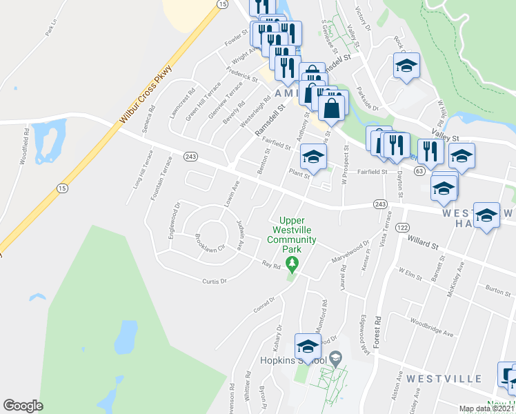 map of restaurants, bars, coffee shops, grocery stores, and more near 30 Judwin Avenue in New Haven