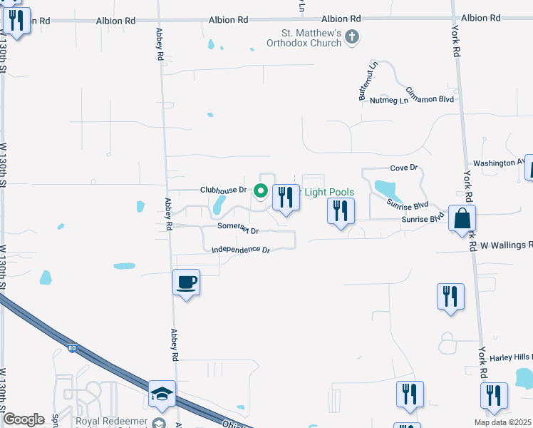 map of restaurants, bars, coffee shops, grocery stores, and more near 93 Somerset Drive in North Royalton