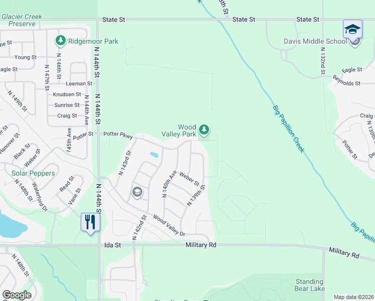 map of restaurants, bars, coffee shops, grocery stores, and more near 7415 North 140th Avenue in Omaha