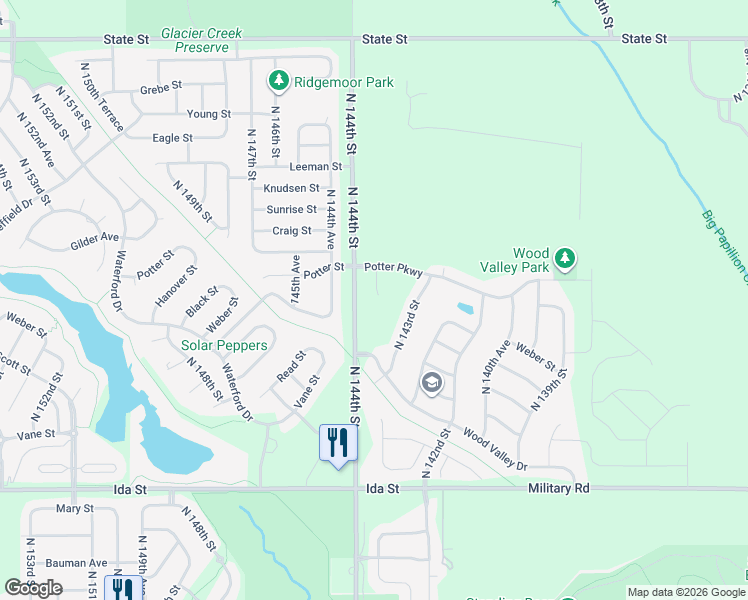 map of restaurants, bars, coffee shops, grocery stores, and more near 14398 Wood Valley Drive in Omaha