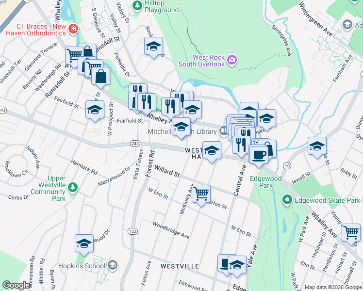 map of restaurants, bars, coffee shops, grocery stores, and more near 191 Fountain Street in New Haven