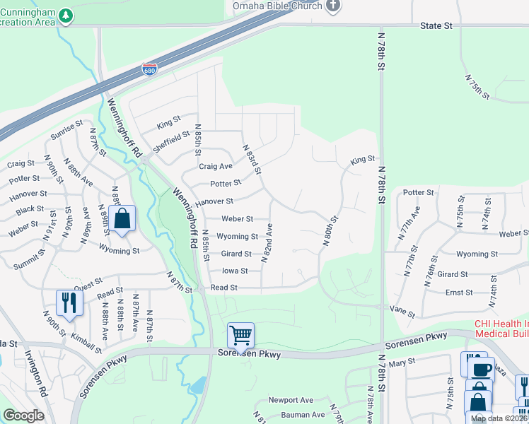 map of restaurants, bars, coffee shops, grocery stores, and more near 8253 Weber Street in Omaha